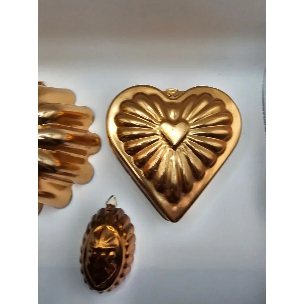 Vintage Copper Molds Set Of 3 With Floral Heart & Grape Designs For Kitchen Deco